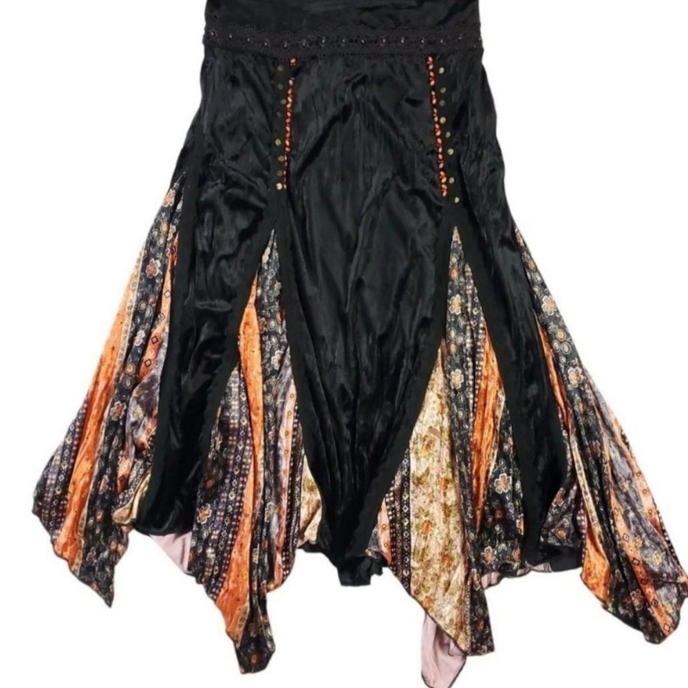 Black Velvet 90s Goth Fairy Embellished Maxi Skirt With Asymmetrical Hem
